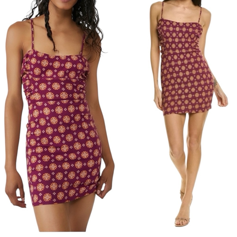 NWT Free People Center of Attention Mini Dress Maroon/Purple, Yellow New Size S